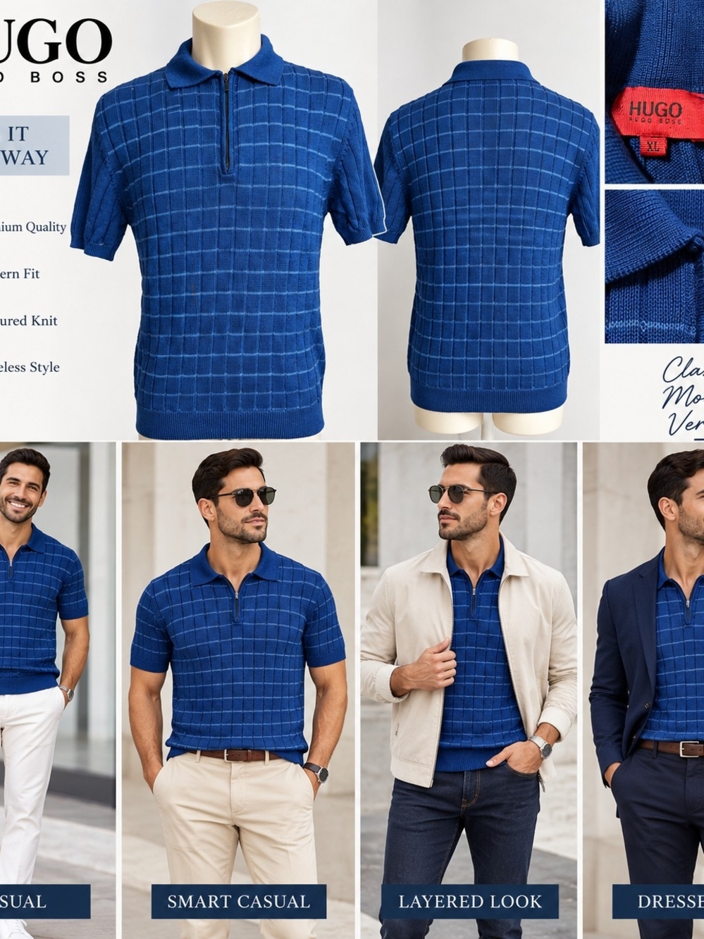 HUGO Royal Blue Grid Short-Sleeve Zip Polo